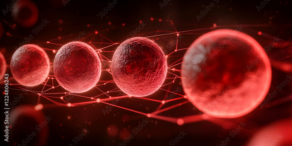 Poster red cells connected by network of lines creates a futuristic biological image.