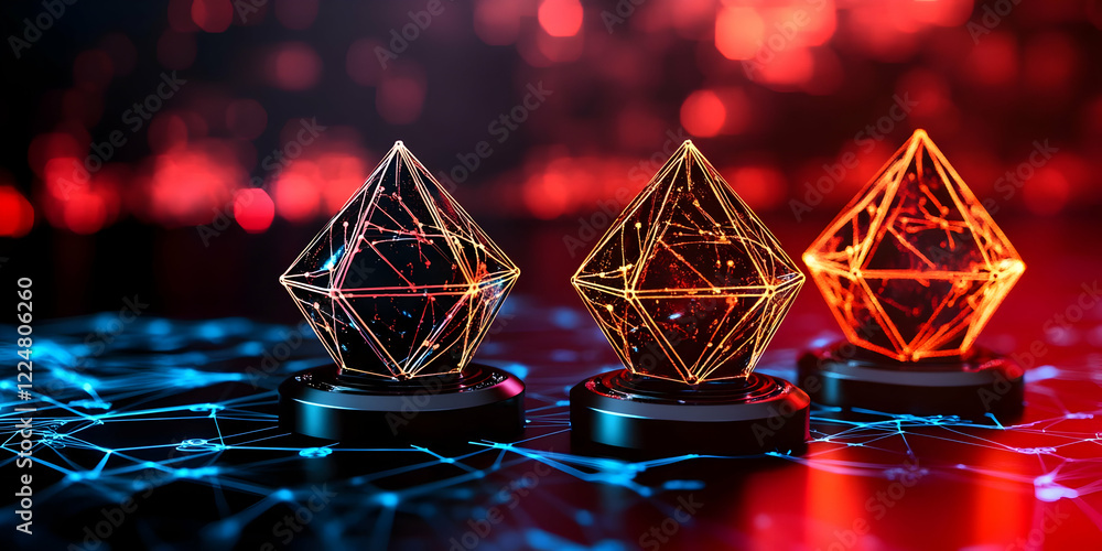 Poster three glowing geometric shapes stand on illuminated network base with blurry red and blue background