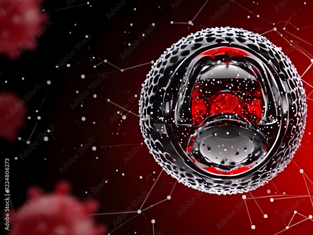 Poster 3d rendered virus cell floats in abstract red environment with network connections.