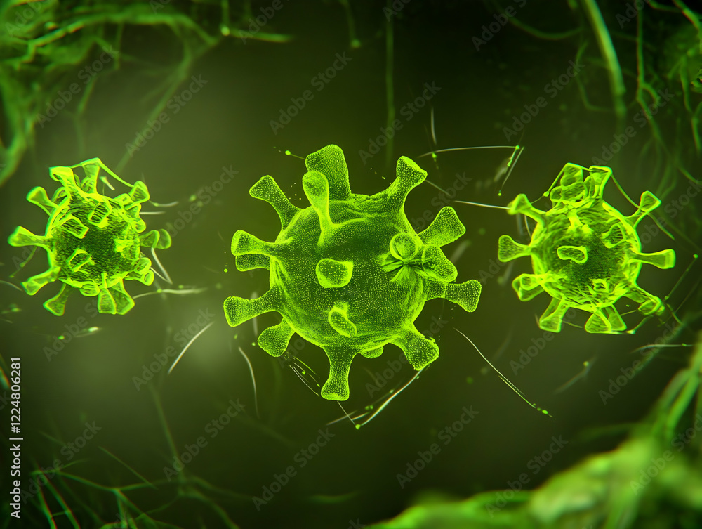 Poster 3d illustration of green virus particles floating in a dark environment with web-like strands.