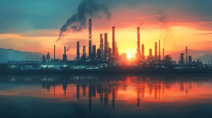 Naklejka premium Industrial plant at sunset with reflection in water creating a dramatic and moody scene