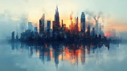 Obraz premium Urban skyline reflection at sunset with industrial smoke and abstract texture in blue and orange