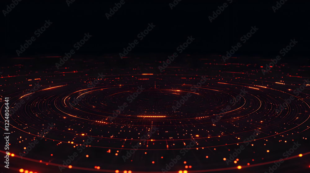 Poster abstract 3d red circular lines glowing on a dark background