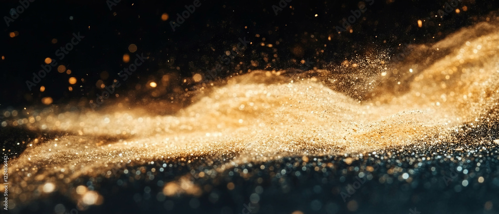 Poster floating gold confetti creating a magical effect against a black background with slow descent