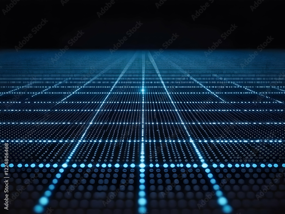 Poster abstract blue glowing grid and lines extend into dark background