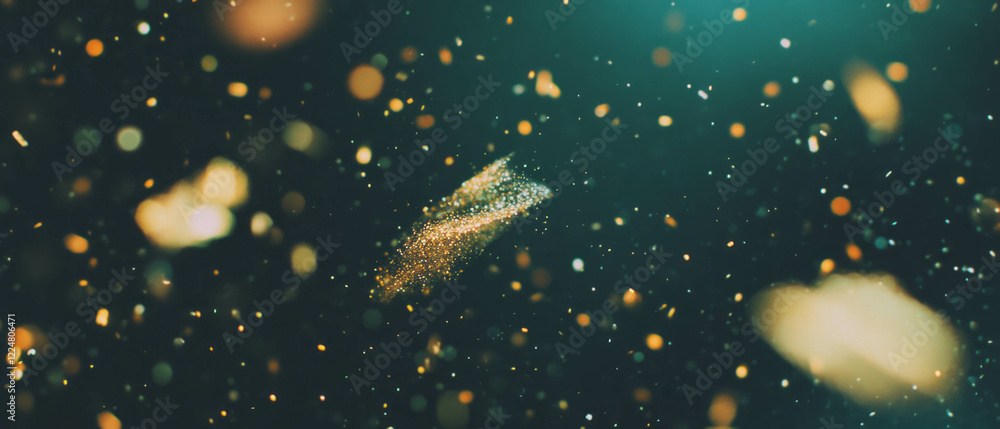 Poster floating gold confetti dances slowly against a deep black background creating a festive atmosphere