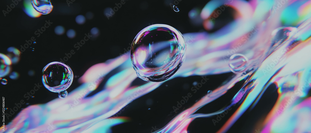 Poster floating soap bubbles with iridescent colors gently moving against a black background