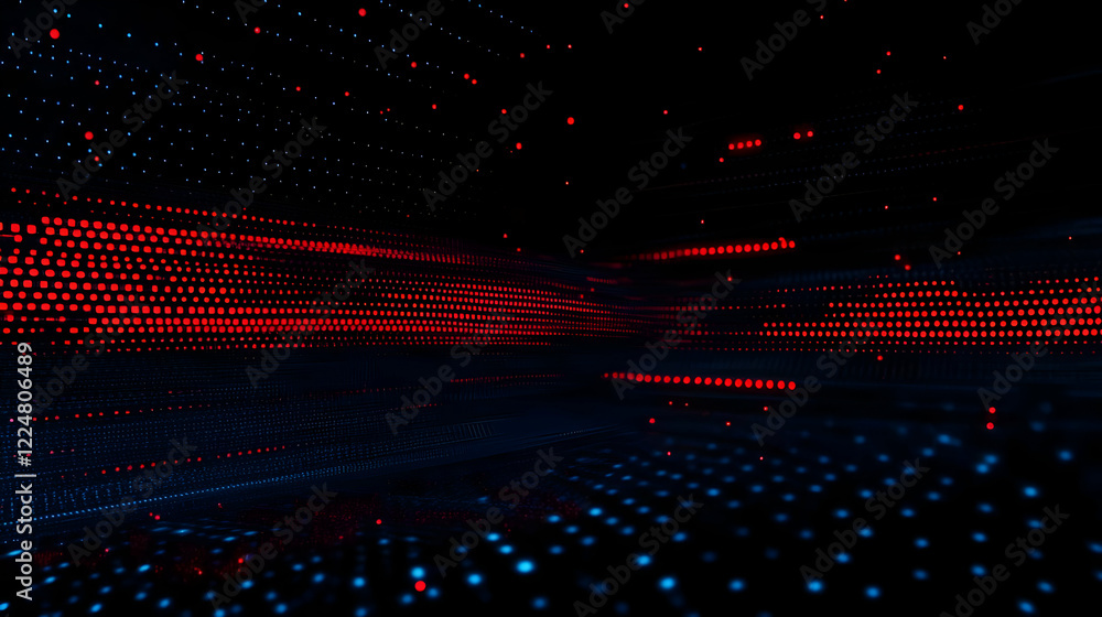 Poster abstract background with glowing red and blue dots forms a digital landscape elegantly.