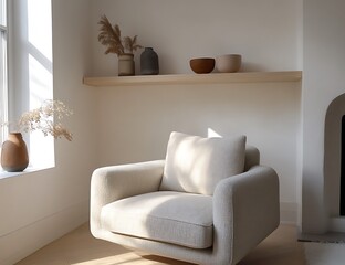 Modern Scandinavian living room featuring a light grey armchair, wooden shelf, and white wall accents, warm yet minimal