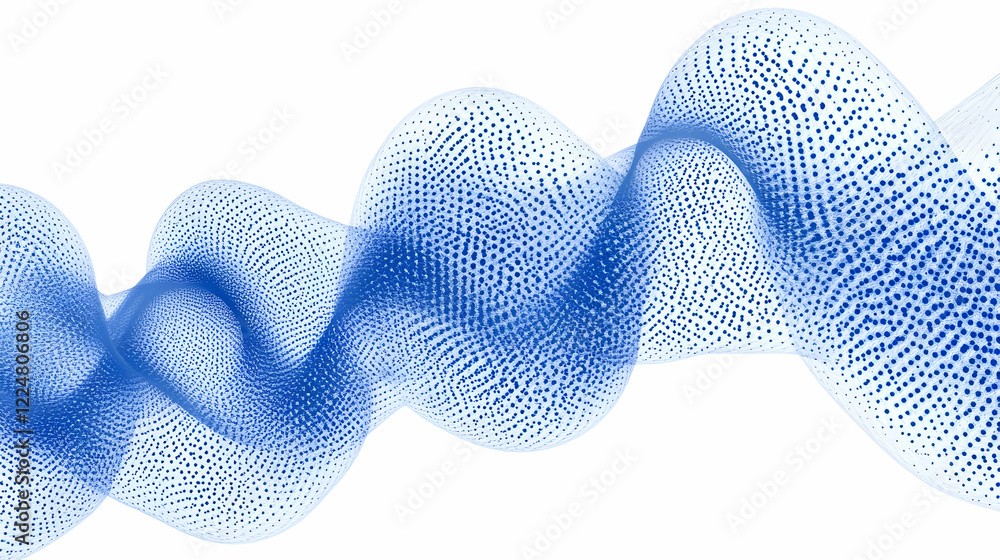 Poster abstract blue wavy pattern flows smoothly with tiny dots across a white background.