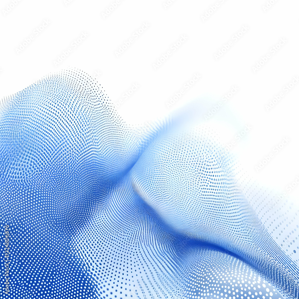 Poster abstract blue particle wave flows smoothly across a white background with subtle dotted texture