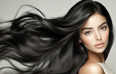 Naklejka premium A beautiful woman with long black hair poses for the camera, showcasing her perfectly styled and smooth, shiny curls