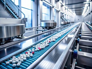 Obraz premium Minimalist Pharmaceutical Production: Conveyor Belt Pill Packaging