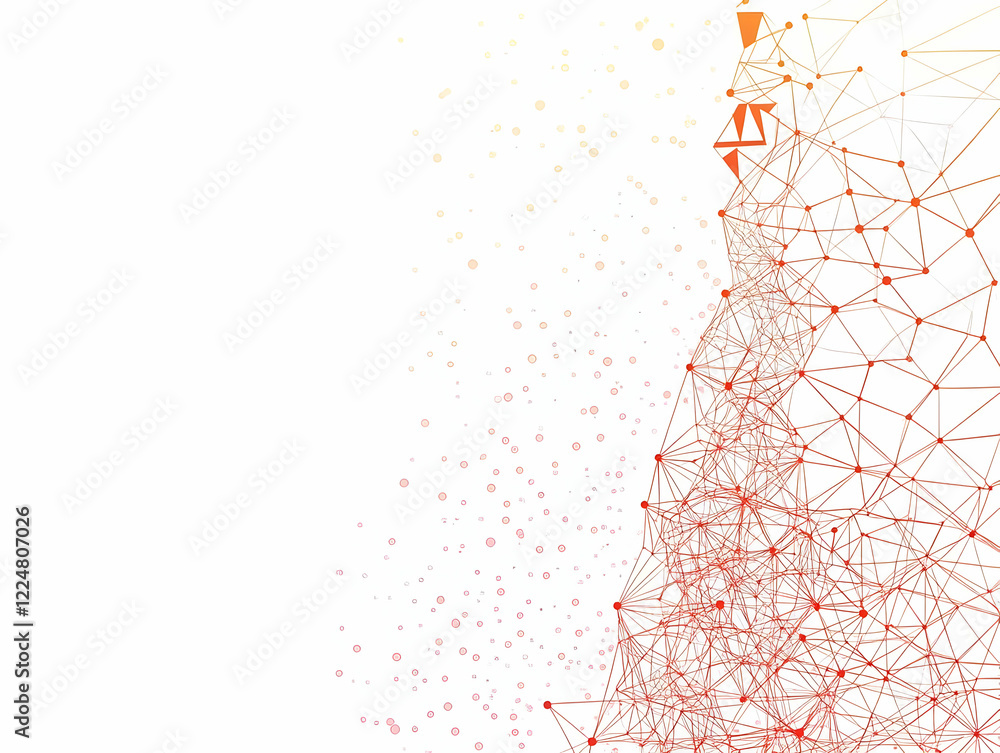 Poster abstract orange network connecting dots and lines gradually fading on white background