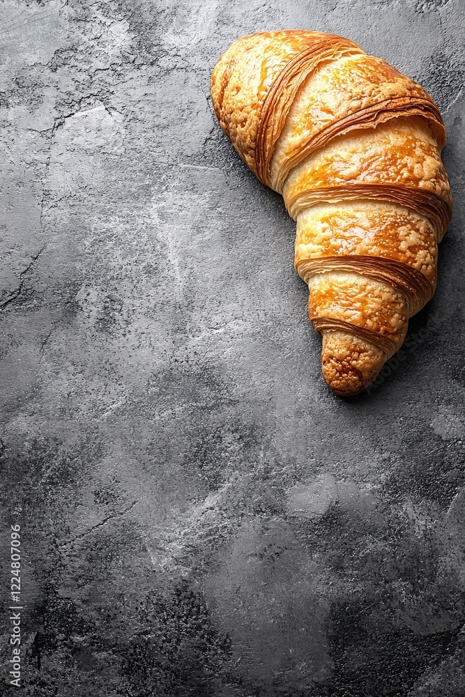Poster golden brown croissant on a dark gray textured surface with ample copy space for text or design