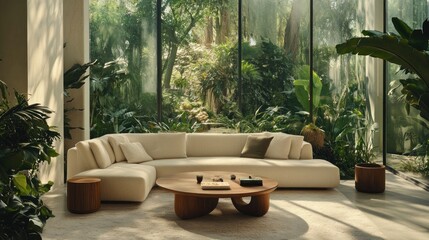 A bright and spacious contemporary living room with large windows showcasing a lush garden view