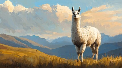 Majestic White Llama in a Serene Mountain Landscape