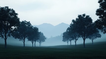 Obraz premium Misty Pixel Art Landscape with Silhouetted Trees and Mountains