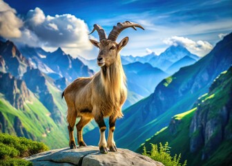 Fototapeta premium Majestic Markhor: a rare, endangered Capra falconeri, photographed in the breathtaking Himalayan landscapes of Pakistan, Afghanistan, and India.