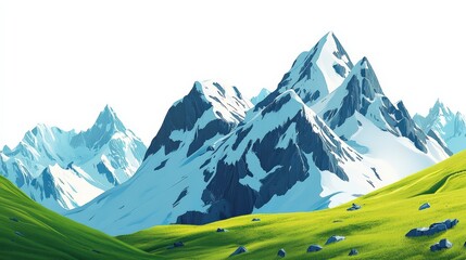 Fototapeta premium Majestic snow-capped mountains rise above lush green hills under a clear blue sky