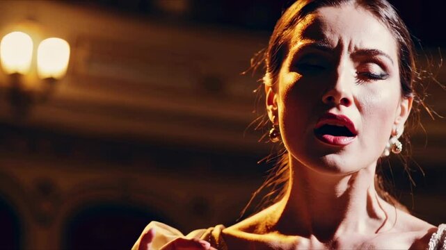 Opera singer illuminating stage, delivering powerful vocal performance while expressing profound emotional journey through dramatic facial expressions and captivating stage presence
