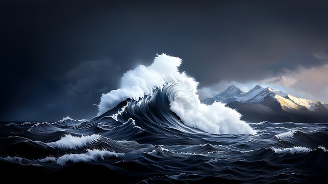 Powerful Ocean Wave Crashing Against Snowy Mountains