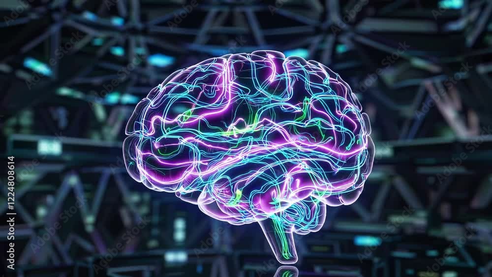 Aufkleber futuristic human brain in a cyberpunk environment with neon wires, glowing circuitry, and a dark sci