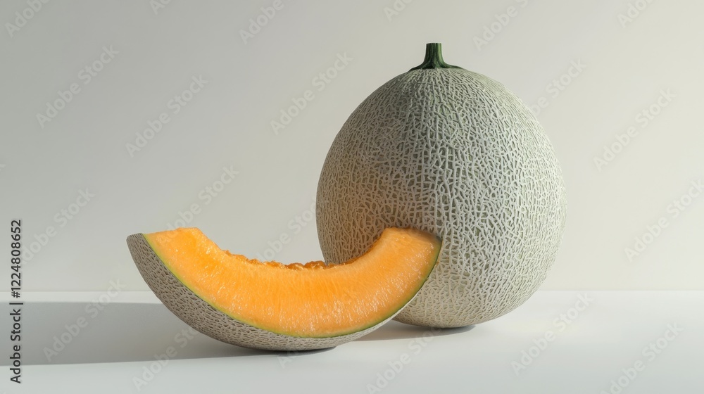 Poster close-up of a cantaloupe and a slice with a light background 50 characters