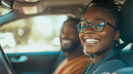 Young african woman doing driving school while smiling on camera - Driving licences, courses and people concept - Models by AI generative