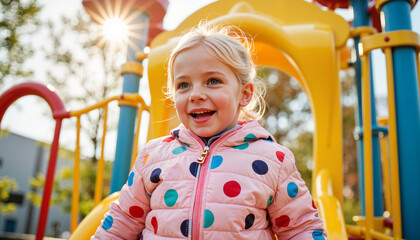 Cheerful toddler playing in whimsical playground during daylight, joy
