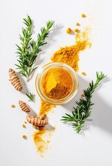 A top view on a glass jar filled with turmeric powder standing on a white tabletop with green herbs and rosemary. A clean, modern photo of curcuma anti-inflammatory supplements