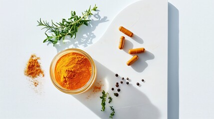Top view on a glass jar filled with turmeric powder standing on a tabletop with green herbs and turmeric capsules. A clean, modern photo of curcuma anti-inflammatory supplements