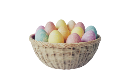 Isolated Woven Basket with Pastel Colored Easter Eggs