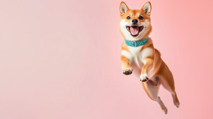 Shiba Inu jumping up and down happily, wearing a blue patterned collar, background of pink and white