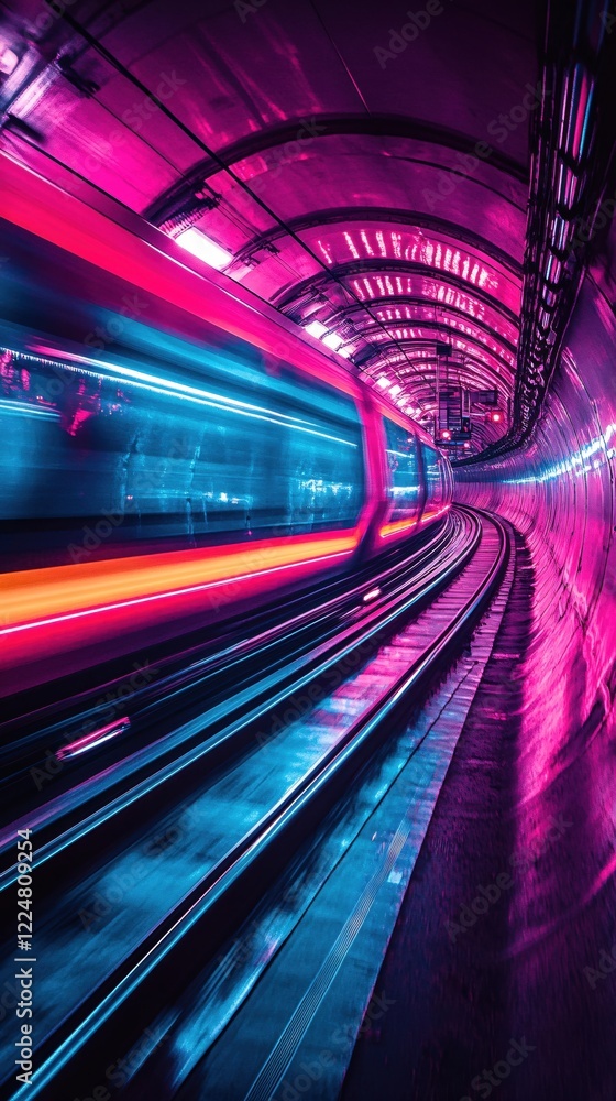 Poster fast moving train in a tunnel with neon lights in motion blur creating a futuristic scene