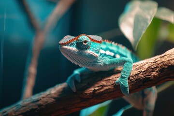 Fototapeta premium Colorful Chameleon Perched on Branch Surrounded by Lush Greenery and Vibrant Colors