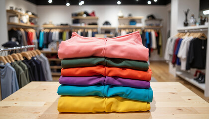 Colorful lightweight hoodies stacked on retail shelf, modern shopping