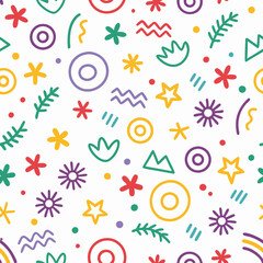 Obraz premium Colorful abstract seamless pattern with flowers, stars, and geometric shapes on white background.