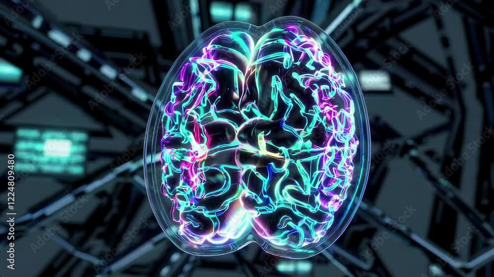 Poster futuristic human brain in a cyberpunk environment with neon wires, glowing circuitry, and a dark sci
