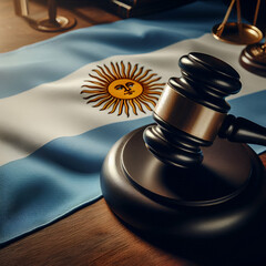 An impactful image featuring the Argentina flag alongside a judges gavel, symbolizing justice, law, A strong representation of legal authority and regional.