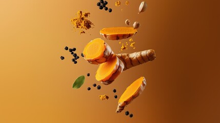 A composition of a turmeric (Curcuma longa Linn) sliced root and powder falling on orange bright background. Anti inflammatory food concept.