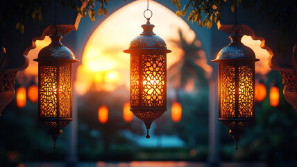 Ramadan Ornamental Hanging Lantern with Decorative Illuminated Arabic Design and Warm Light in the Background at Sunset Time close-up view