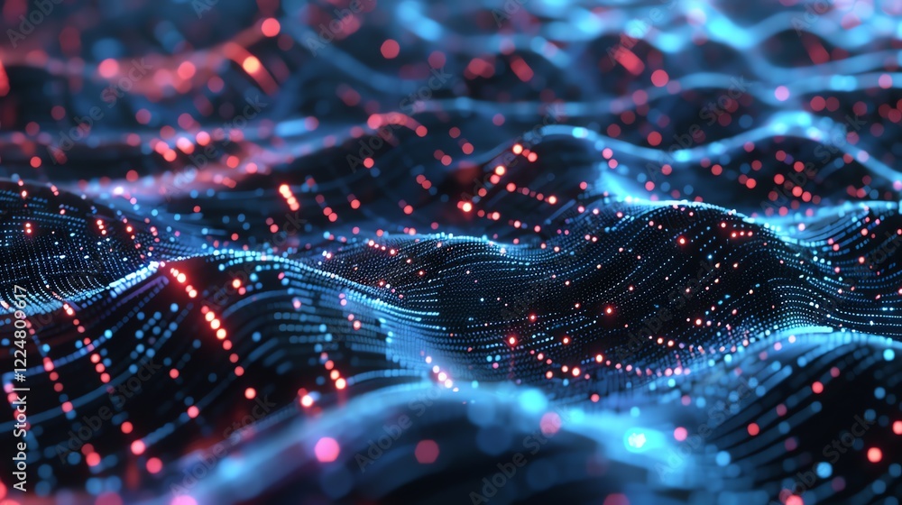 Poster abstract 3d rendering of a digital wave with glowing dots.