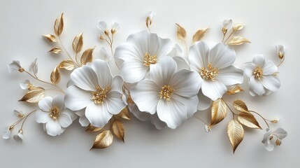 Elegant Arrangement of White Floral Elements with Golden Leaves for a Luxurious Decor or Design Project