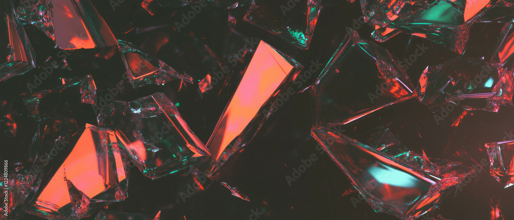 Aufkleber overlay texture of sharp glass fragments on a dark background with space for text