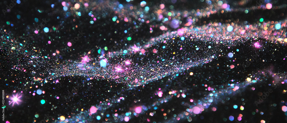 Poster Colorful glitter texture with clustered particles on a dark background for artistic designs