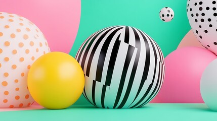 Colorful Abstract Composition with Playful Balls and Geometric Shapes in a Bright Setting