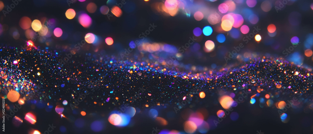 Poster captivating display of glitter particles creating a dazzling festive vibe against a dark backdrop