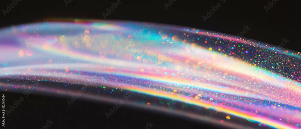 Poster glitter overlay texture with holographic particles creating a rainbow effect on a black background
