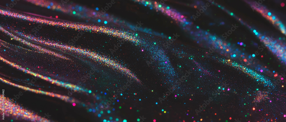 Poster glittery iridescent texture with vibrant sheen on a black background creating a captivating effect